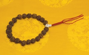 The beads granted to Master Tam by Dudjom Rinpoche. The beads are radraksha beads. Dudjom Rinpoche used it exclusively for the Vajrakilaya practice, which represents the lineage.